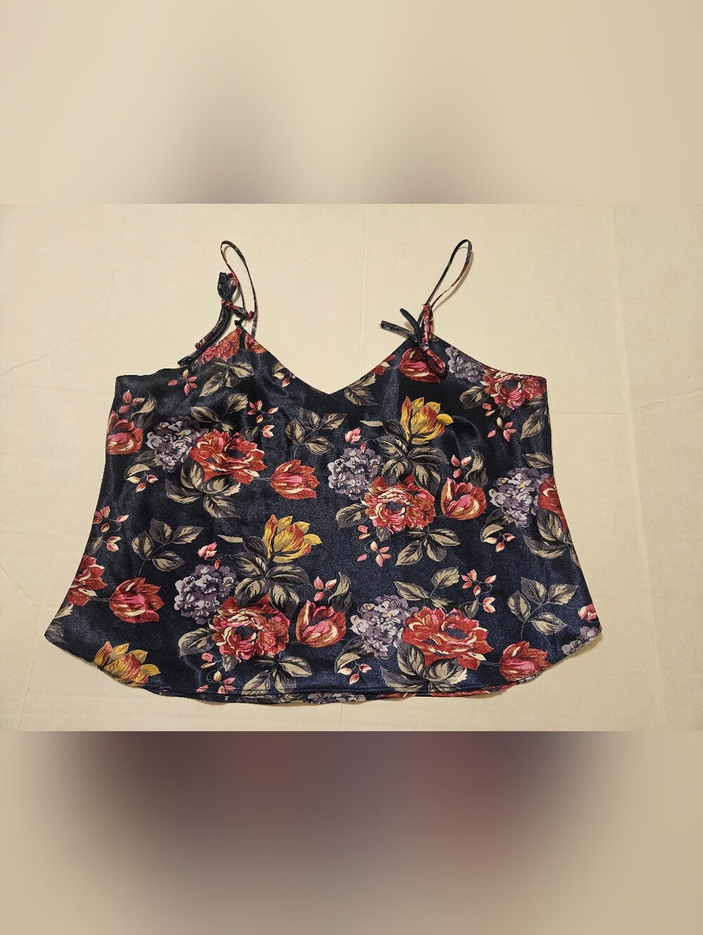 Vintage Floral Satin Camisole Lingerie Cami Tie Strap Romantic- Size LG/7